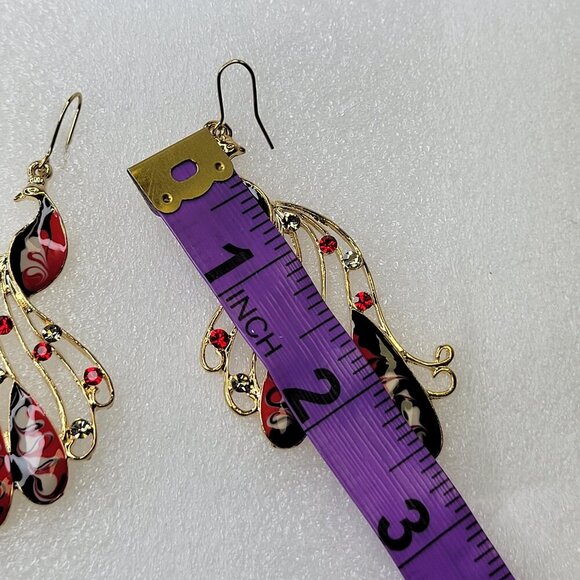 Peacock Chandelier Earrings Gold Red and Black Bird Earrings - Picture 4 of 7